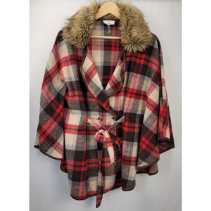 ETWO Poncho Sweater Womens Large Plaid‎ Flannel Removable Faux Fur Collar